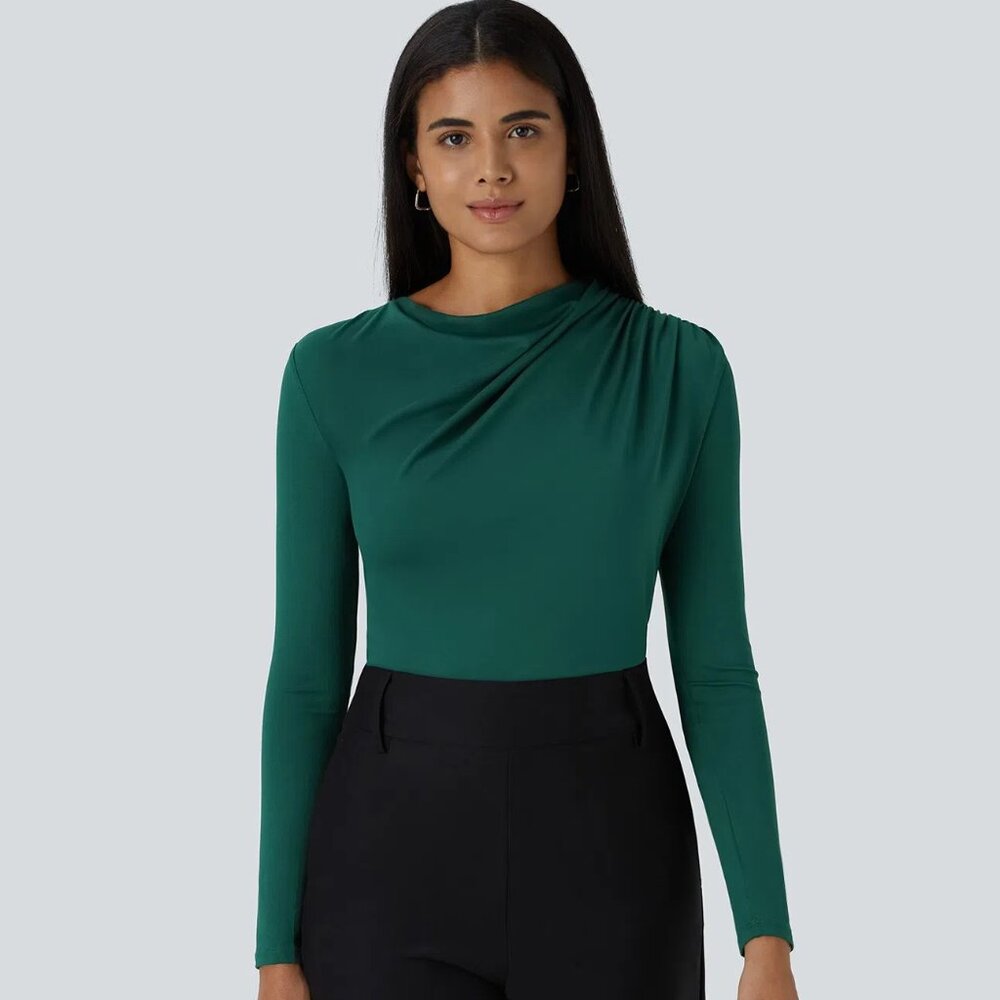 Cowl Neck Ruched Long Sleeve Slim Work Top